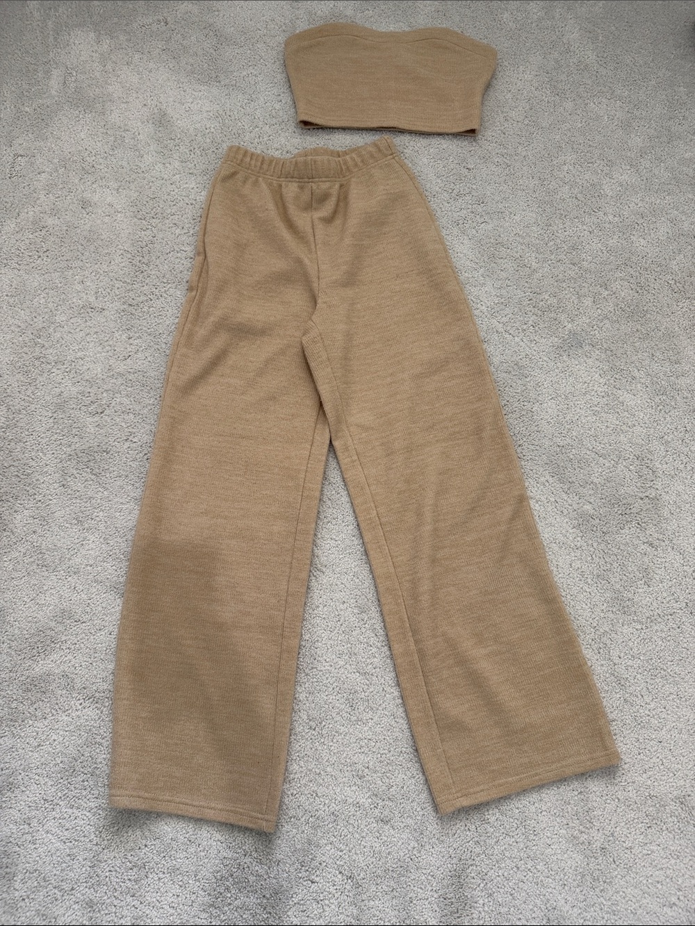 Wide-Leg Knit Pants in Tan with top